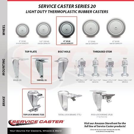 Service Caster 4 Inch Thermoplastic Rubber Wheel Swivel Top Plate Caster Set with 2 Brakes SCC SCC-20S414-TPRB-TP2-2-TLB-2